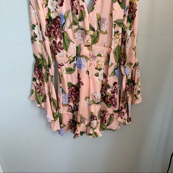 NICHOLAS Peach Pink Floral Print Silk Flare Sleeve Romper Long Sleeve 6 Small - Picture 13 of 16